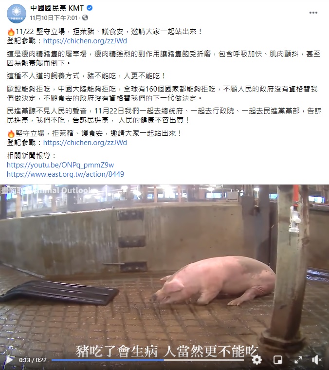 國民黨臉書日前貼出屠宰場豬隻抽搐、躁動的影片，宣稱是瘦肉精強烈的副作用讓豬隻飽受折磨。 圖：翻攝自中國國民黨臉書