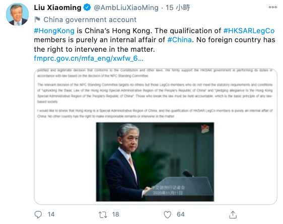 劉曉明強調香港事務屬中國內政，外國無權干涉。 圖：翻攝自劉曉明推特