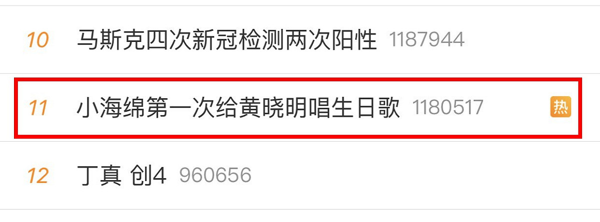 小海綿第一次給黃曉明唱生日歌，也登上微博熱搜排行。 圖：翻攝微博