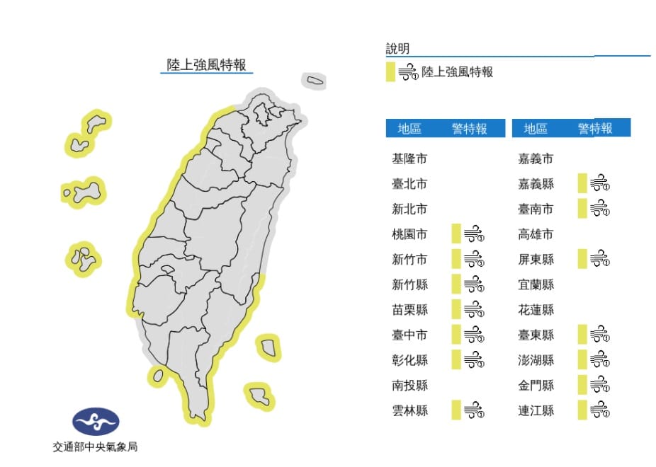 桃園至臺南、東南部(含綠島、蘭嶼)、恆春半島沿海空曠地區及澎湖、金門、馬祖易有9至10級強陣風。 圖/氣象局