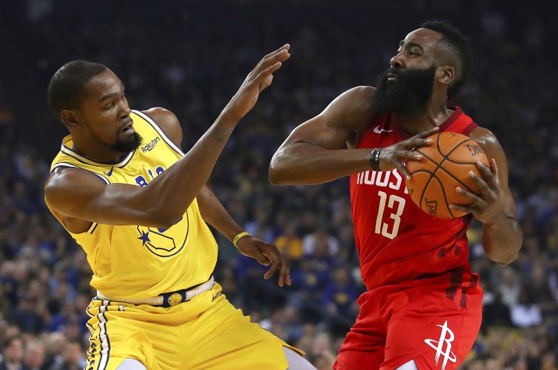 James Harden（右）有意前往籃網和Kevin Durant聯手。 圖／美聯社／達志影像
