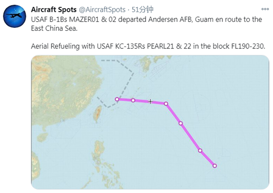 《飛機守望》今天發佈消息稱，當天兩架美軍的B-1B戰略轟炸機從關島安德森空軍基地起飛，一路向西北方向飛行進入東海上空。 圖 : 翻攝自《飛機守望》