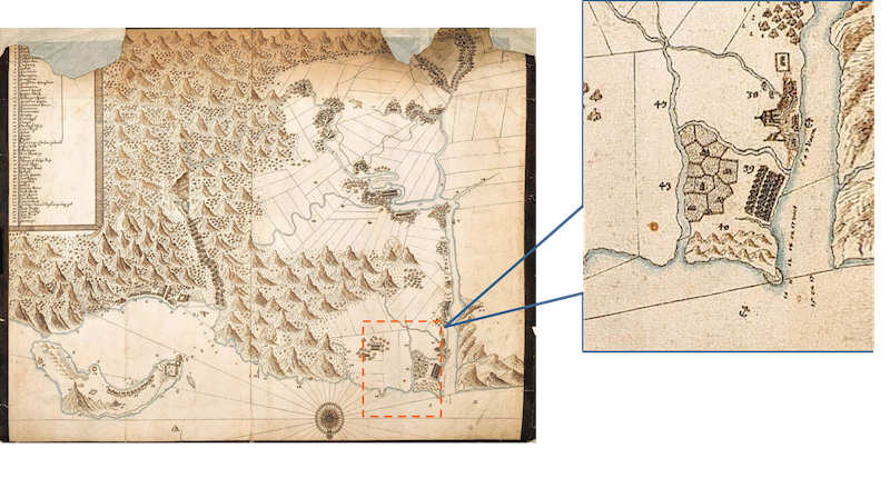 《淡水與其附近村社暨雞籠島略圖》局部圖，框內為近400年前公司田溪首度登上了世界舞台。 圖片：翁佳音，《大台北古地圖考釋》，台北：稻鄉，2006年，新北市政府水利局／提供
