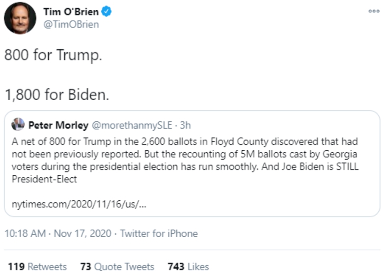 提摩西·奧布賴恩(Tim O’Brien)在推特表示，「這2600張票，只有800張是投給川普的，其他1800票都是投給拜登的」。 圖 : 翻攝自環球網