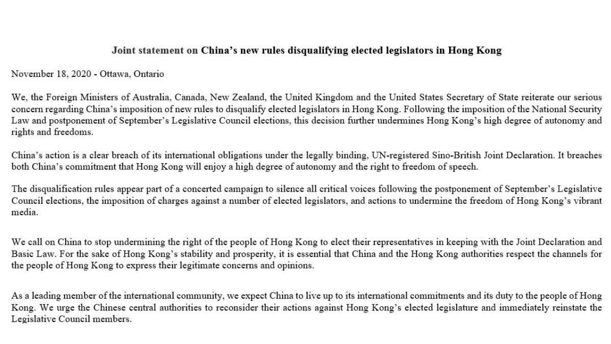 五眼聯盟外長發表聯合聲明，敦促中國為了香港繁榮，儘快讓被取消資格的議員復職， 圖：翻攝自商鵬飛推特