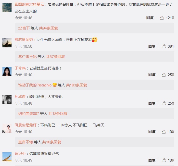 中國韭菜非常肯定胡錫進的言論 圖:擷取自WEIBO