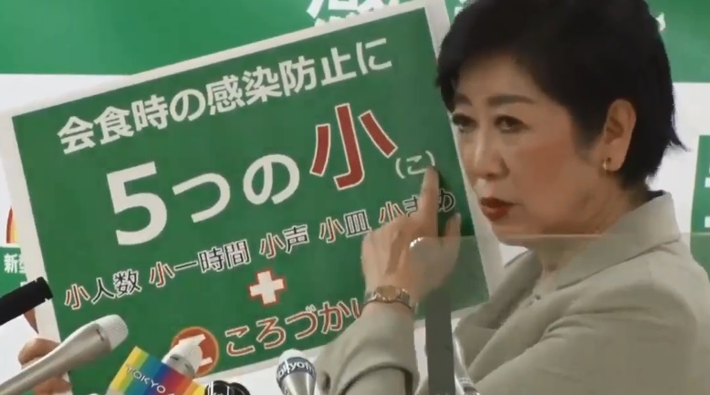 東京都知事小池百合子宣布警戒等級調升至最高，並拿出寫著「五小」字樣的紙板宣導防疫。 圖：翻攝 ニコニコニュース臉書影片