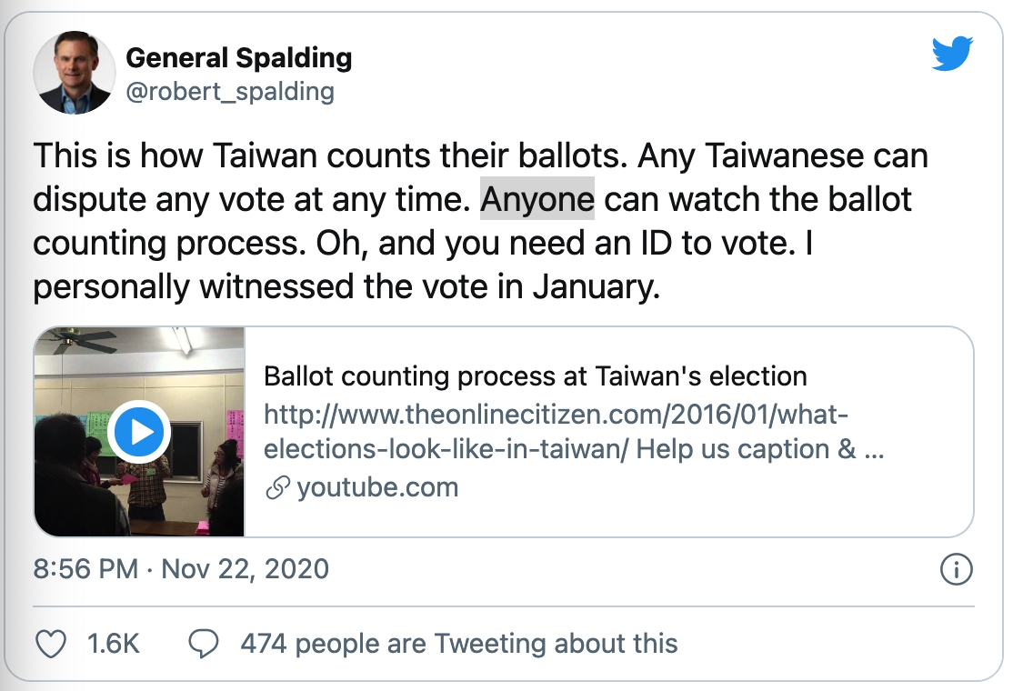斯伯丁在推特PO分享台灣選舉 。 圖：截自斯伯丁推特