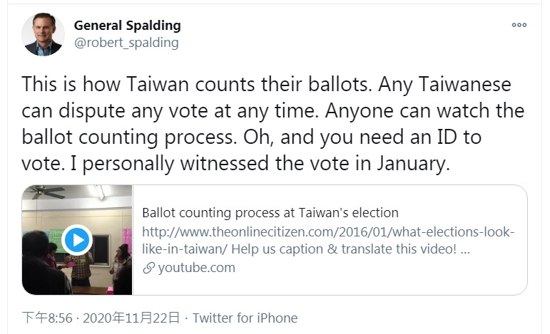 哈德遜研究所高級研究員斯伯丁分享台灣選舉的開票過程，表示自己在今年1月親自見證，網友反應熱烈。 圖：翻攝自斯伯丁推特