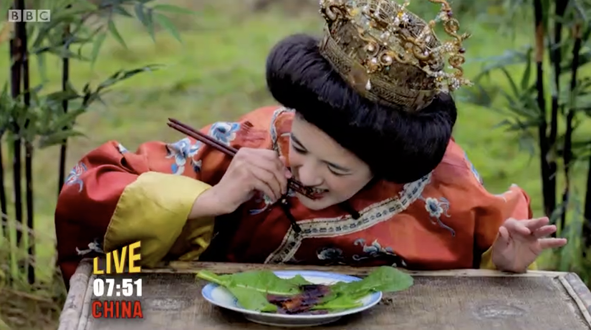 《BBC》製作《糟糕歷史》（Horrible Histories）兒童節目，節目中一名白人女性扮成武則天，一邊吃著蟑螂、竹鼠和蜜蜂幼蟲，稱這些東西在中國是很正常。 圖：翻攝《Kids-TV》dailymotion
