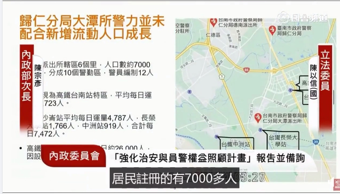 陳以信要求加強台南市高鐵特區警力。 圖 : 翻攝自國會頻道