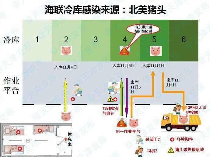中國天津市政府聲稱疫情來自北美進口豬頭。 官方並公布北美豬頭傳染疫情流程圖。 圖：翻攝天津市政府官方微博