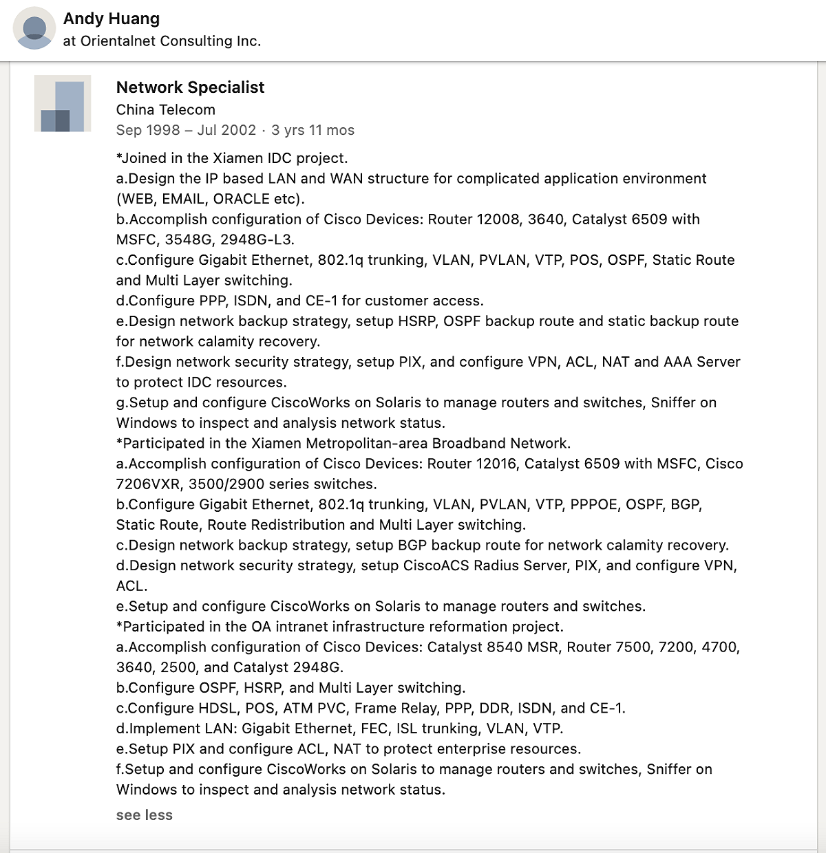 Dominion資訊科技部經理安迪（Andy Huang）LinkedIn的履歷顯示，1998年至2002年期間任職於中國電信。 圖：翻攝《國家脈動》