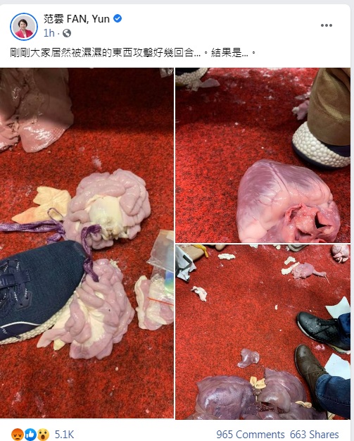面對藍營腥攻勢杯葛，范雲驚覺竟是被豬心豬腸等濕濕的東西攻擊 圖:擷取自臉書