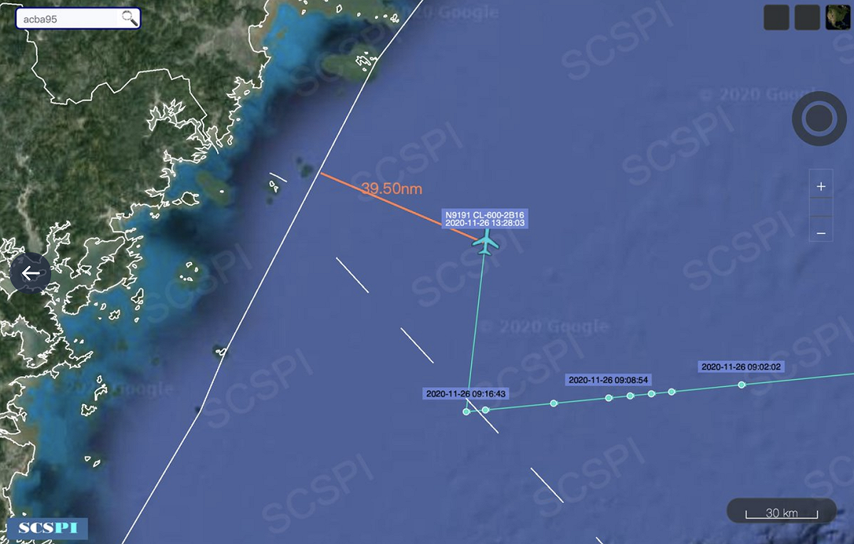 美國Tenax公司一架CL-604飛機，穿越台灣北部、行經中國東海空域進行偵察，與中國領海基線距離最近約73公里。 圖：翻攝SCSPI推特