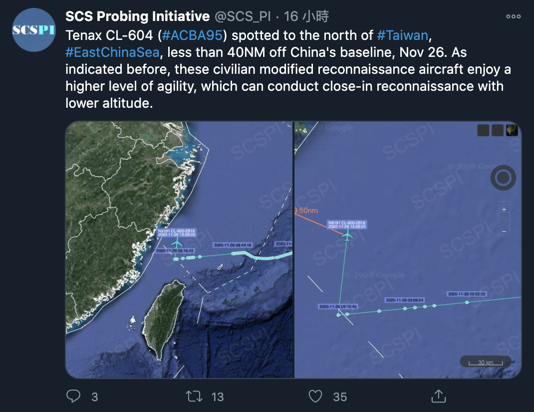 「南海戰略態勢感知計畫」指出，美國Tenax公司CL-604偵察機穿越台灣北部，靠近中國海岸線後，利用低空優勢，對中國進行近距離高強度偵察。 圖：翻攝SCSPI推特