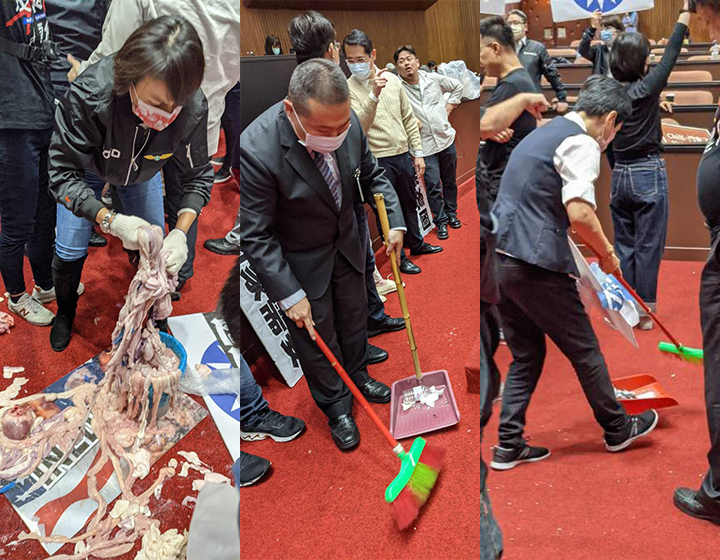 在一片混亂後，立委邱議瑩（左）與辛苦的議事人員出面善後，拿起掃帚清理散落各處的豬內臟。 圖/邱議瑩臉書（新頭殼合成）