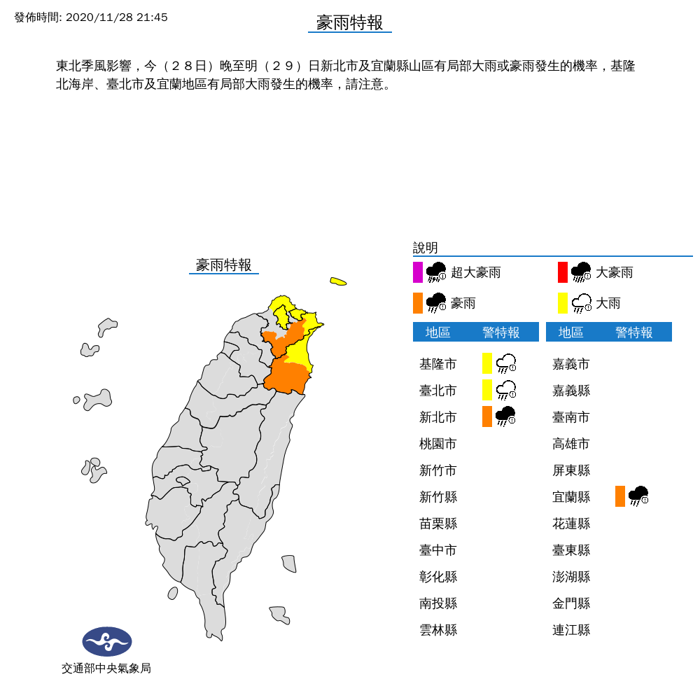 氣象局針對4縣市發布大雨特報，新北市、宜蘭縣為豪雨等級，基隆市、台北市則是大雨。 圖：中央氣象局/提供