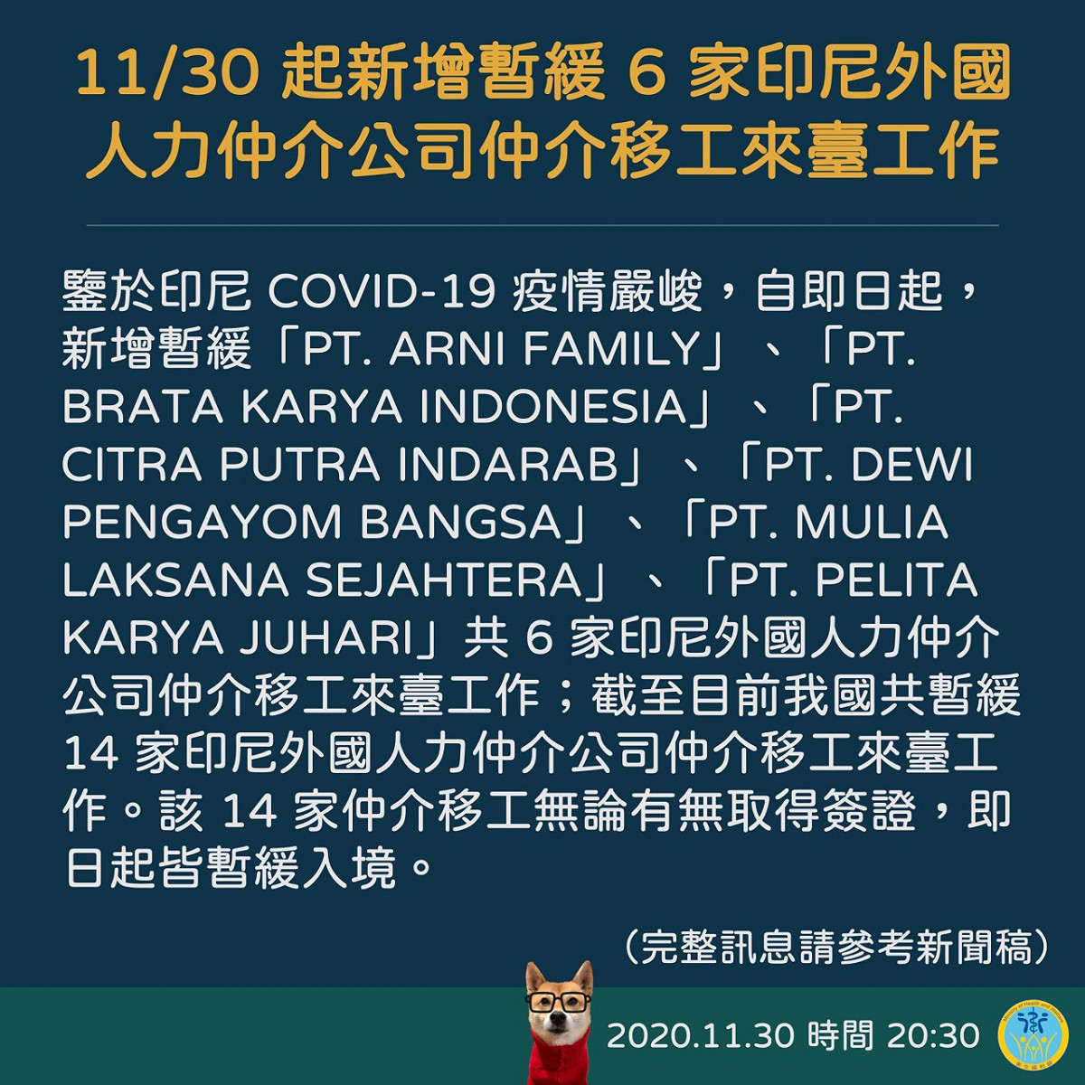 近期印尼籍移工確診個案持續增加，中央流行疫情指揮中心今（30）日表示，即日起新增暫緩6家印尼外國人力仲介公司仲介移工來台工作。 圖：衛福部/提供