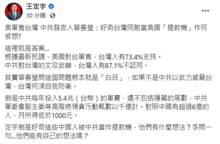 民進黨立委王定宇貼出民調，回嗆中國外交部發言人華春瑩的「台灣被美國當提款機」說法。 圖 : 王定宇臉書