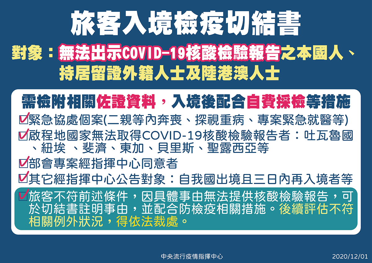 4種情況的民眾無法取得陰性證明，可簽切結書入境後在自費採檢。 圖：中央流行疫情指揮中心／提供