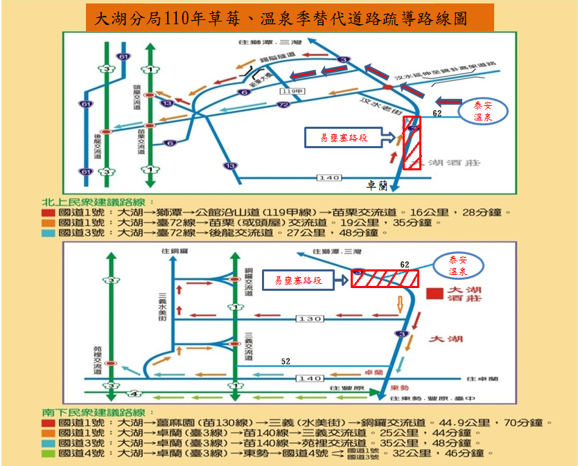 苗栗大湖、大安區假日替代疏導道路線圖。 圖：翻攝自大湖警察分局臉書