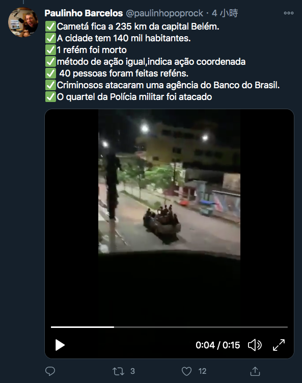 巴西東部聖卡塔里納州克里西烏瑪市（Criciúma）當地時間1日傳出大規模銀行武裝搶案，劫犯行搶後沿途對空掃射且焚燒車輛。 圖：翻攝Paulinho Barcelos推特