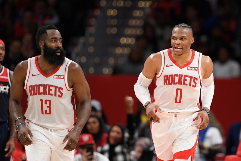 火箭留下James Harden(左)、送走Russell Westbrook。 圖／美聯社／達志影像