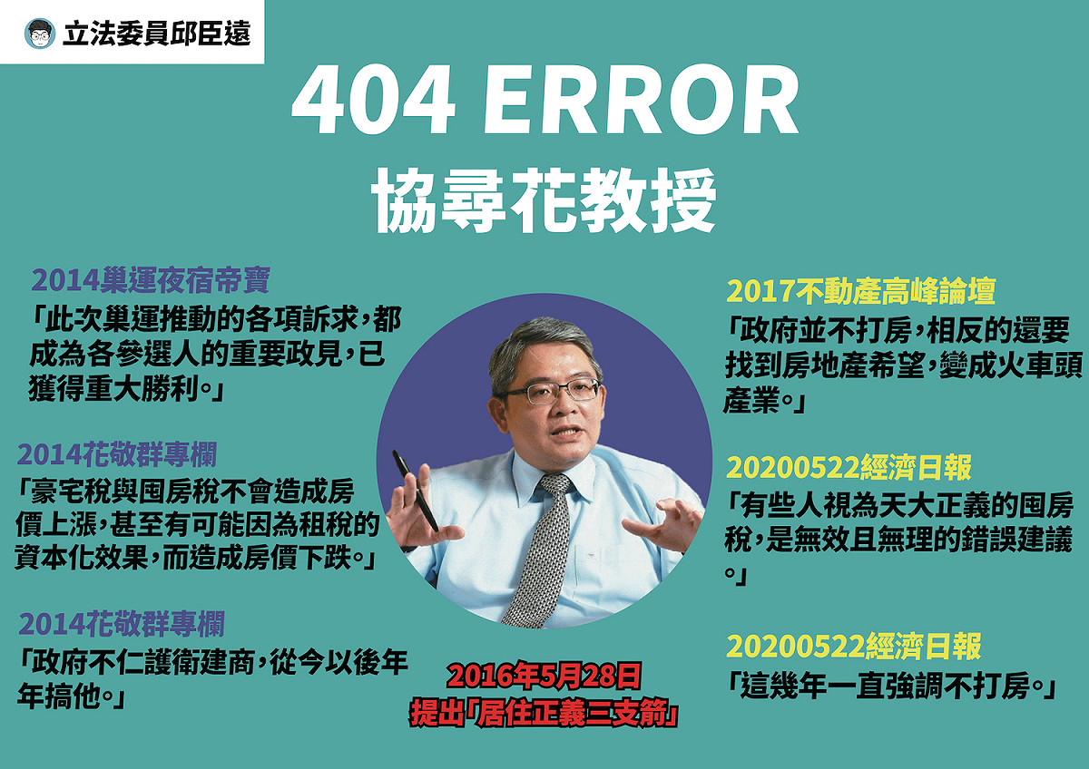 民眾黨團製圖酸，協尋2014年的花敬群教授。 圖：蔡壁如辦公室 / 提供