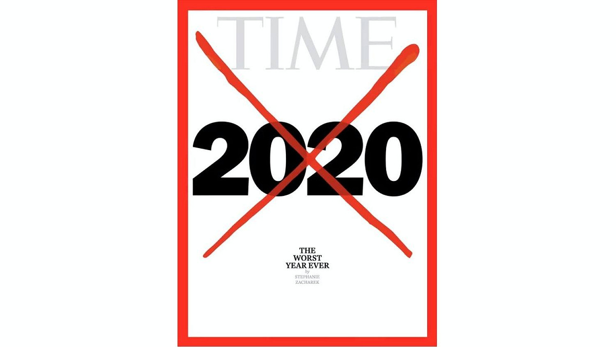 《時代雜誌》最新封面上，2020年被打上一個紅色大叉叉，副標題則是「史上最糟糕的一年」。 圖：翻攝推特