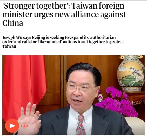 外交部長吳釗燮接受英國「衛報」訪問，呼籲國際社會應該共同抵禦中國擴張。 圖：翻攝The Guardian網頁