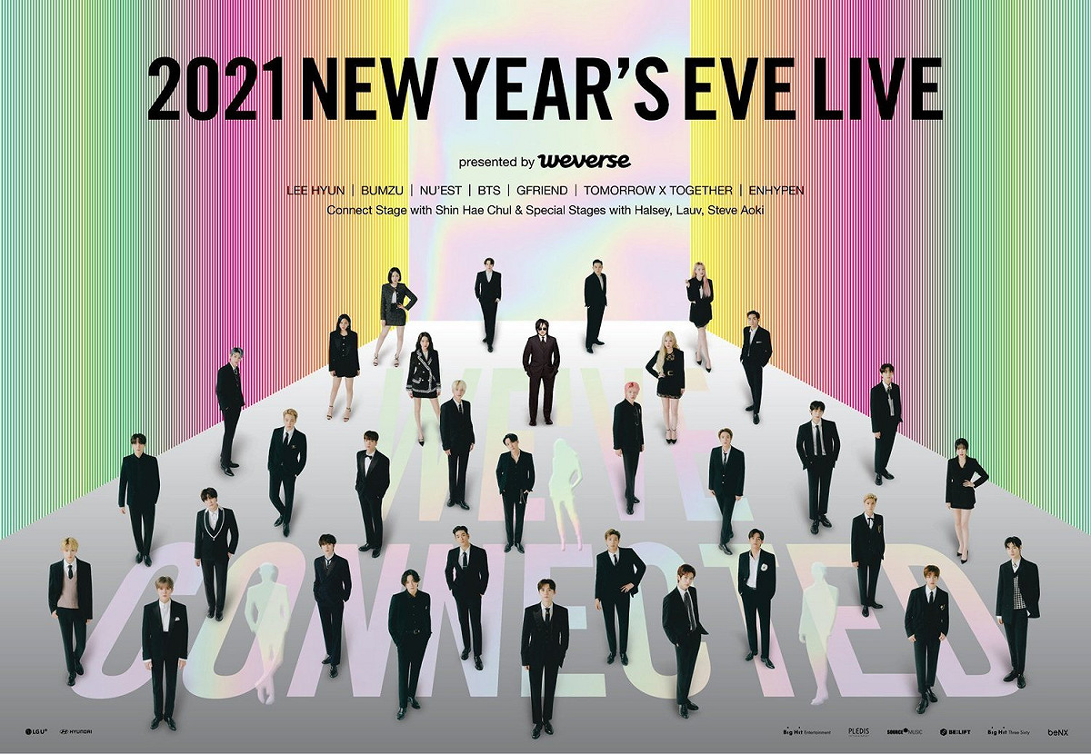 《2021 NEW YEAR’S EVE LIVE》，集結了Big Hit Label旗下的BTS、Nu'est、Gfriend、TXT、ENHYPEN等當紅歌手 圖：翻攝自weverse