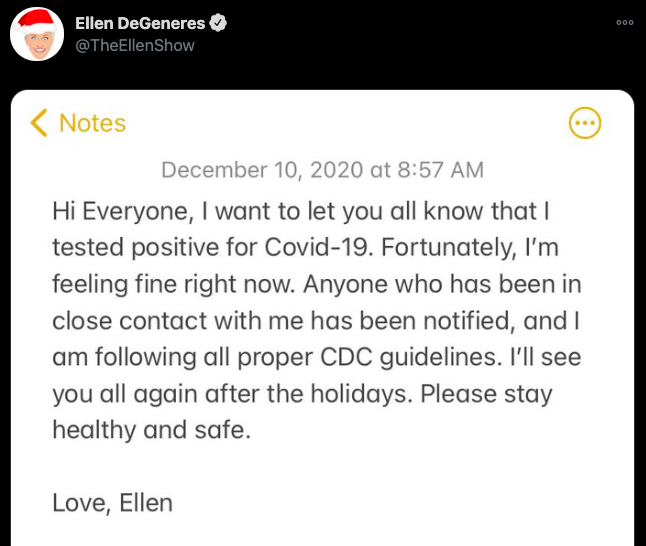 艾倫狄珍妮（Ellen DeGeneres）宣布確診。 圖：翻攝自推特