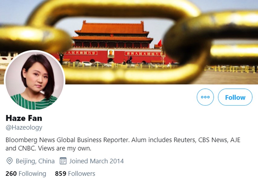 彭博通訊社（Bloomberg News）北京新聞辦公室女記者范若伊（Haze Fan）被捕。 圖:翻攝自范若伊推特。