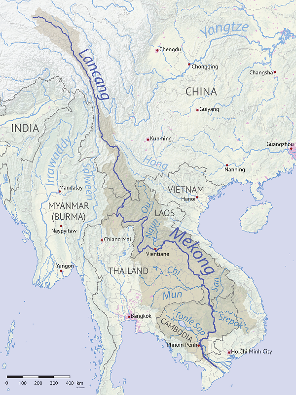 湄公河上游瀾滄江（Lancang）位於中國境內，下游（Mekong）流經泰國、緬甸、寮國等國家。 圖：翻攝自維基百科 Shannon1