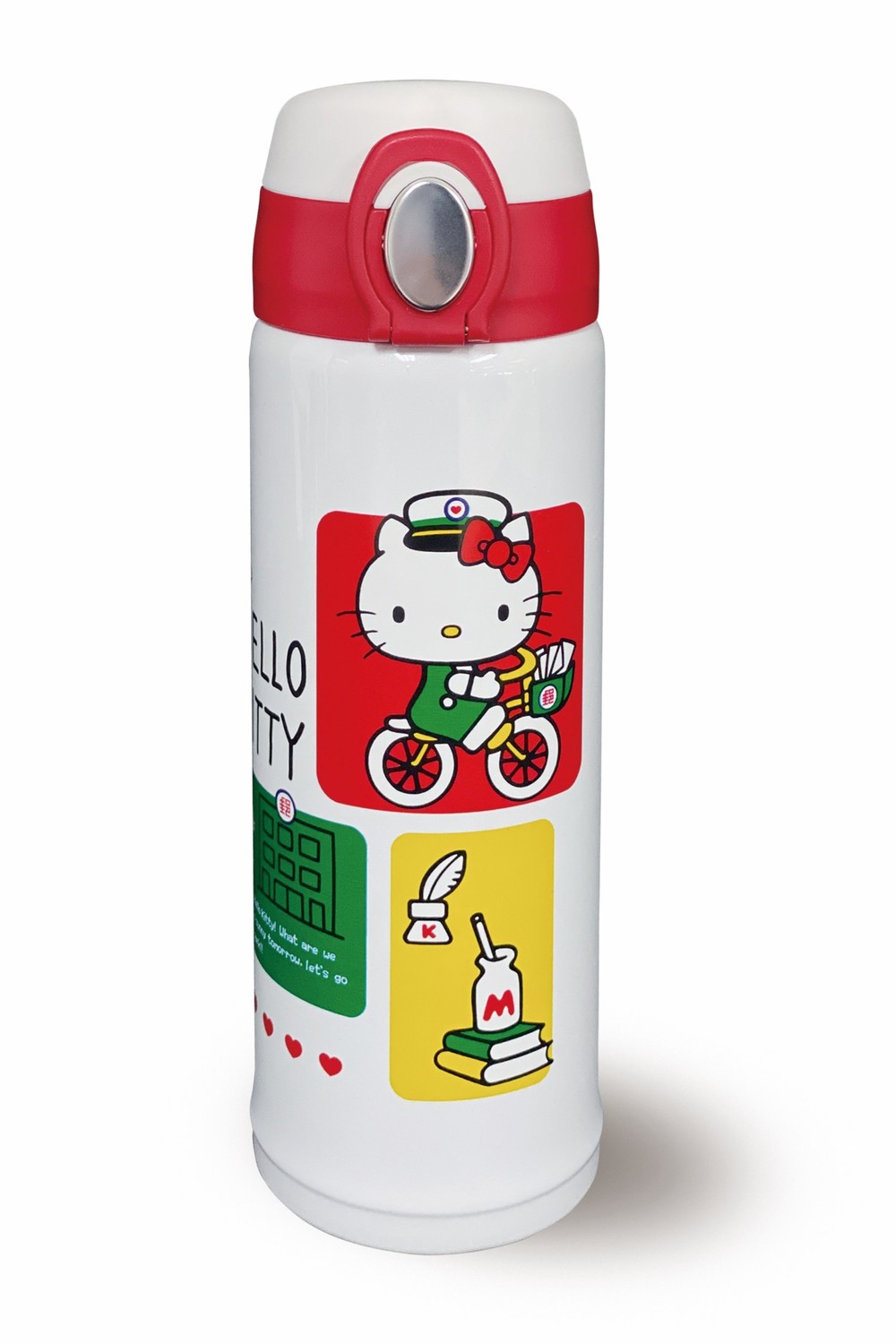 HELLO KITTY幸福保溫瓶（彈蓋款）以Q版郵筒、郵車、信封等小物點綴瓶身，設計俏皮可愛。 圖：中華郵政公司／提供