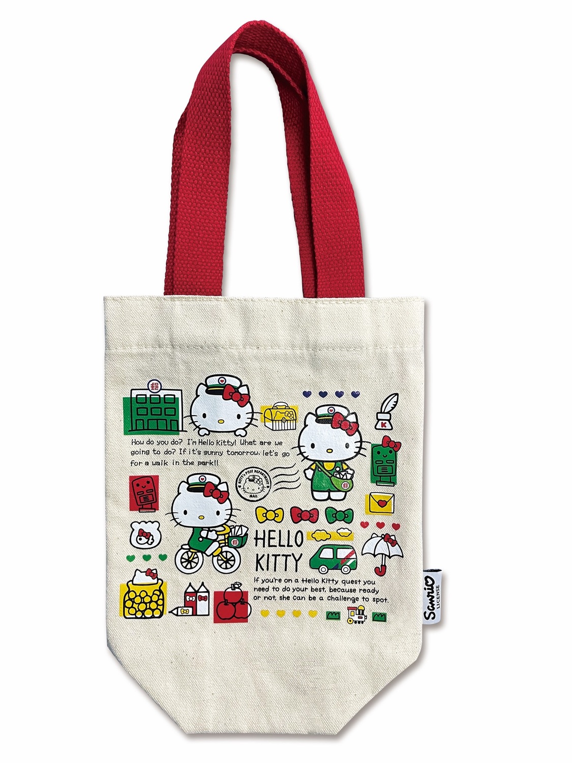 「HELLO KITTY 優郵提袋」，色彩繽紛的HELLO KITTY與多種專屬中華郵政的Q版圖案的設計。 圖：中華郵政公司／提供