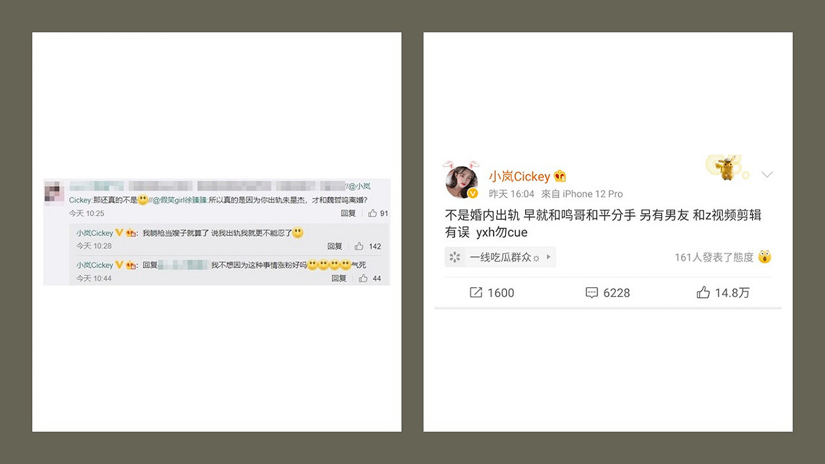 女方始終否認婚內出軌，也打臉朱星傑的認愛舉動。 圖：翻攝自王嵐微博