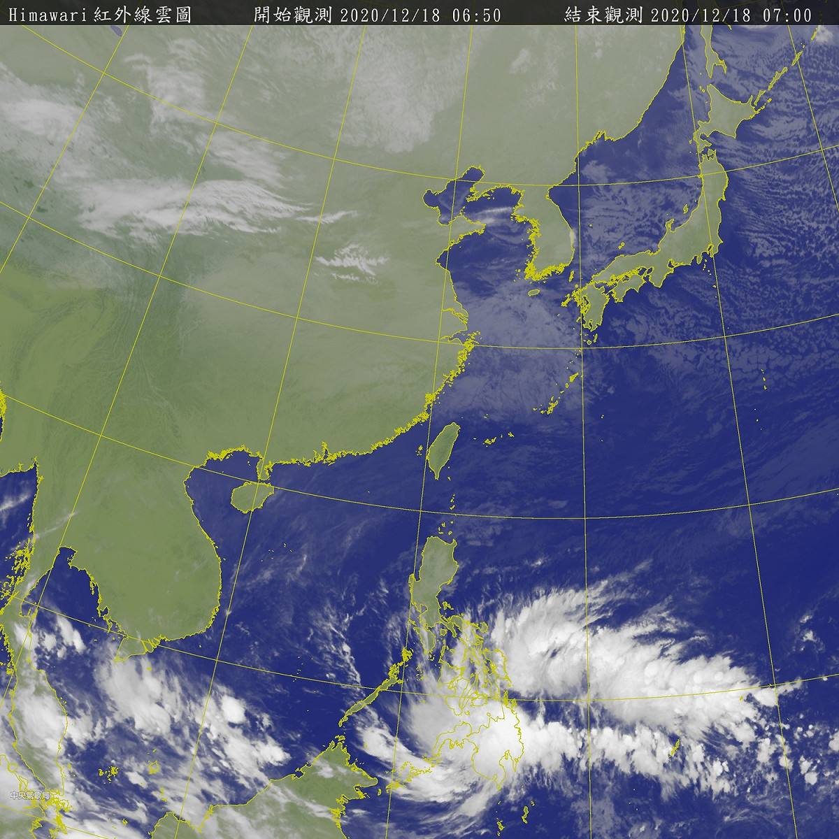 東北季風減弱，今天上午7時的衛星雲圖顯示，台灣上空幾乎空無一雲。 圖：中央氣象局/提供