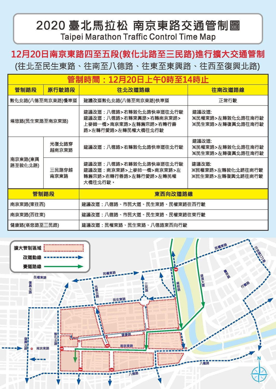 2020台北馬拉松南京東路交通管制圖。 圖：台北市警察局交通警察大隊／提供