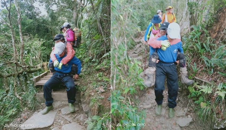 一名60歲女登山客在屏東北大武山跌倒頭部受傷、意識清醒，救難人員將她背負救下山送醫。 圖：翻攝自網路