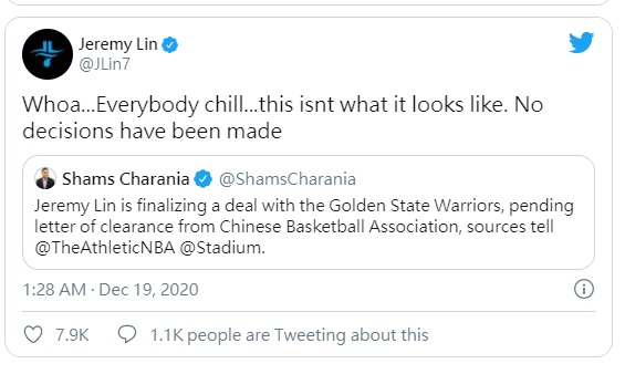 林書豪語帶保留，表示尚未決定是否與金州勇士隊簽約。