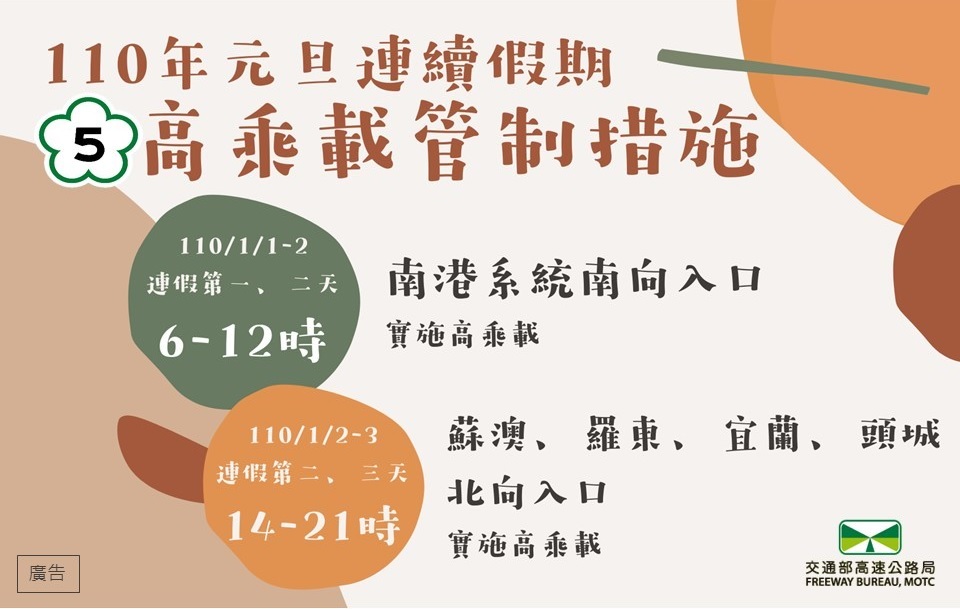 高公局表示，元旦連假國道5號部分路段、時段將進行高乘載管制。 圖：交通部高速公路局／提供