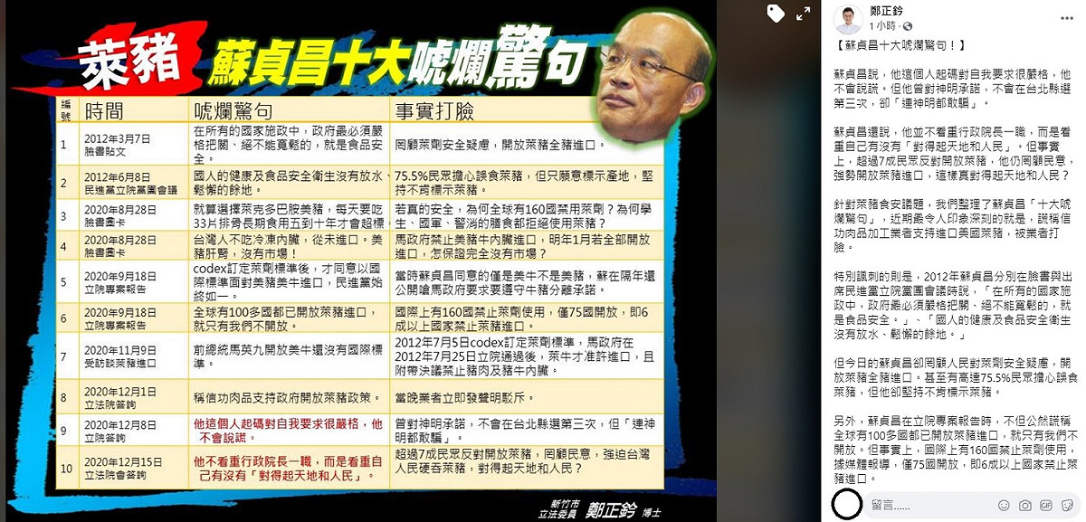 鄭正鈐在臉書上分享「蘇貞昌十大唬爛驚句」，引起網友們評論，「看到這位驚句王就來火！」、「條條都是罪狀」、「罄竹難書」。 圖：翻攝自鄭正鈐臉書