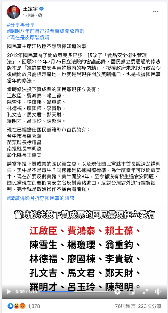 民進黨立法委員王定宇臉書發文指出，國民黨2012年為了開放萊克多巴胺，修改「食品安全衛生管理法」。 圖：翻攝王定宇臉書