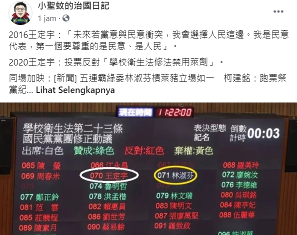 「小聖蚊的治國日記」在臉書上發文指出，王定宇曾在2016年承諾，未來若黨意與民意衝突，自己將會選擇人民這邊。 圖:翻攝自小聖蚊的治國日記臉書