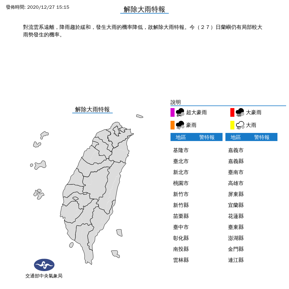 今氣象局下午帶來好消息，將解除大雨特報，唯蘭嶼仍有局部大雨發生的機率。 中央氣象局/提供