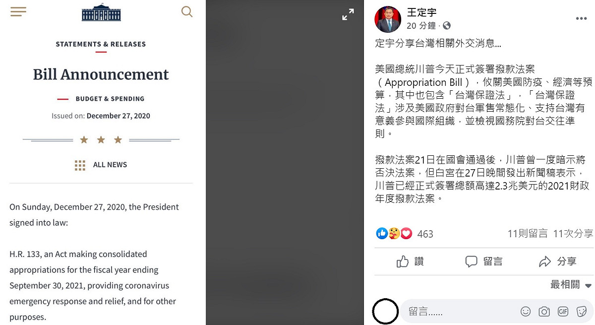 立委王定宇稍早在臉書上分享白宮聲明，指出川普今天正式簽署撥款法案，，攸關美國防疫、經濟等預算，其中也包含「台灣保證法」。 圖：翻攝自王定宇臉書