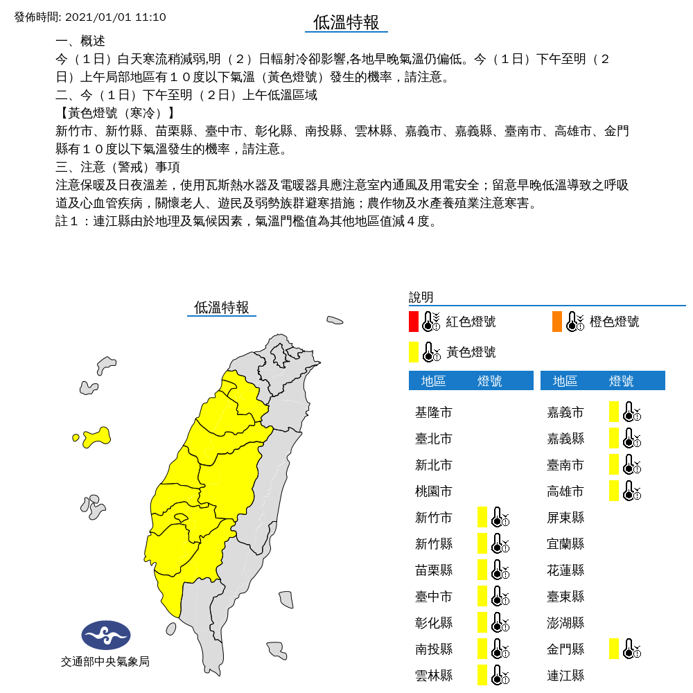 全國11縣市恐有10度以下氣溫，氣象局今（１）日發布低溫特報。 圖：中央氣象局/提供