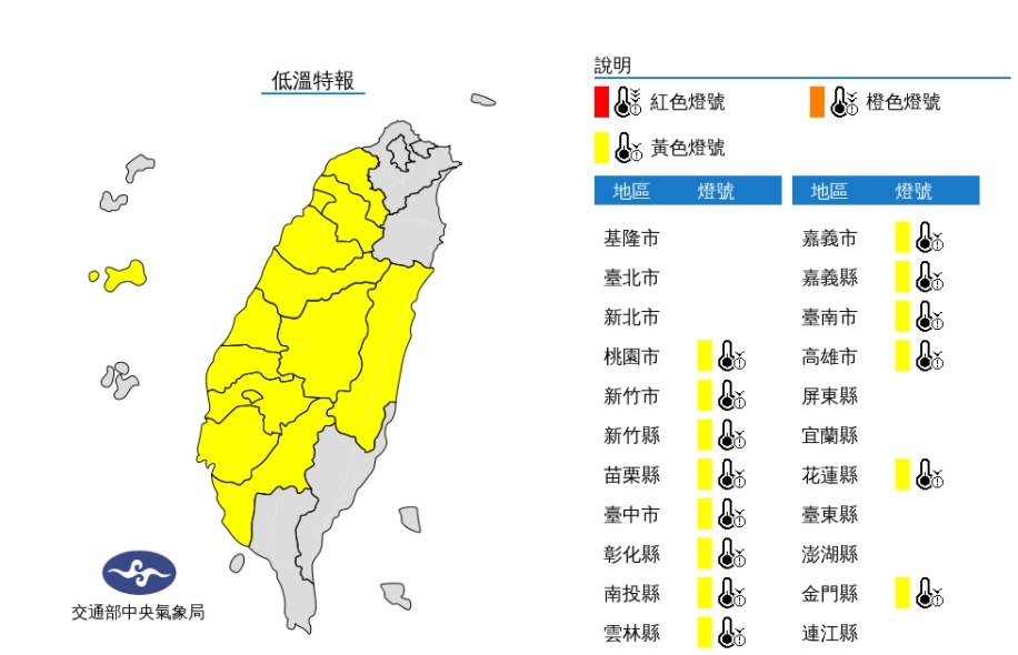 今(2日)晨至上午14縣市有10度以下氣溫(黃色燈號)發生的機率，請注意。 圖/氣象局
